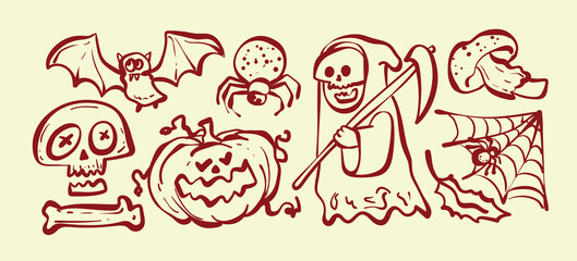 Fototapeta premium Spooky Halloween reaper and creepy creatures line art doodle set isolated vector