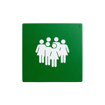 Green square emergency assembly point sign with a white icon of a group of people, isolated icon png with transparent background. AI gen