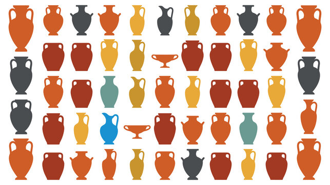 Colorful greek amphorae silhouettes pattern with diverse pottery shapes for museum design.