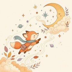 Fototapeta premium Cute fox flying toward moon among stars and clouds
