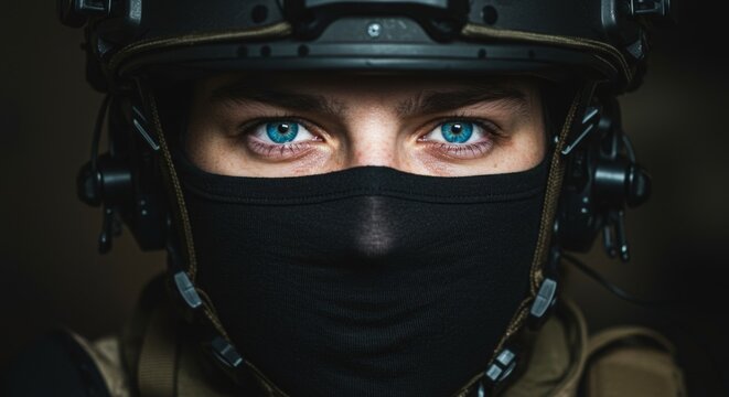 Close portrait of a masked person in tactical helmet, with vivid blue eyes staring directly into the camera