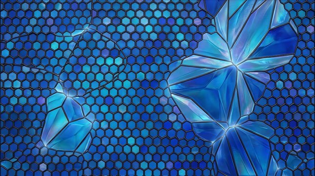 Abstract background, of blue crystal, shards arranged in, a hexagonal mesh, grid with glowing, light reflections and, sharp geometric facets
