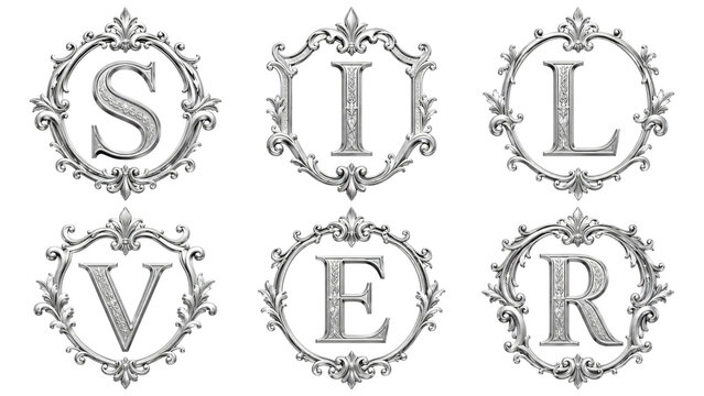 Ornate silver metallic monogram set spelling SILVER in decorative round filigree frames on a transparent background