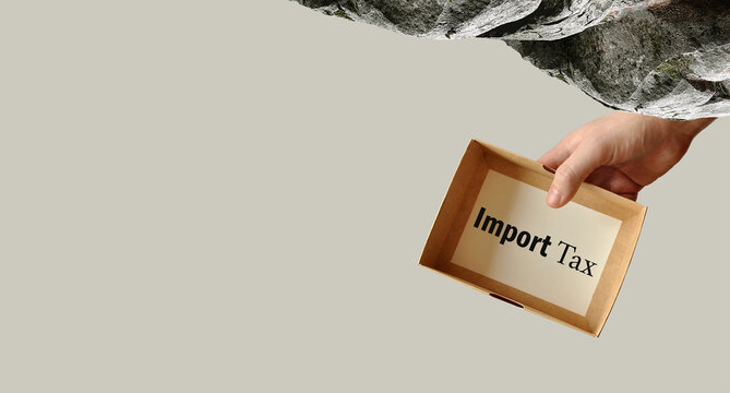 Global trade burden metaphor, import tax concept. Inverted heavy stone with cardboard box package in hand. Trade tariff and business crisis metaphor, isolated background