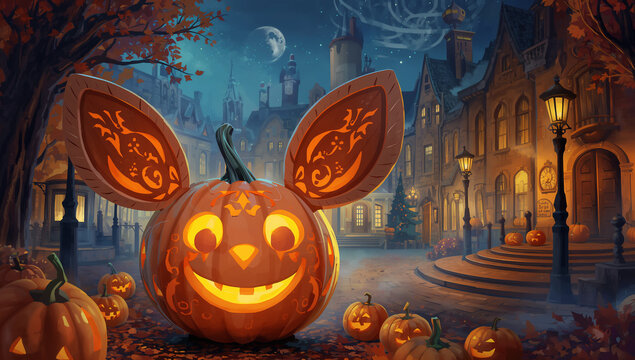 Large illuminated halloween pumpkin with rabbit ears in historic european street setting jack o lantern halloween architecture decoration mysterious cobblestone buildings seasonal celebration