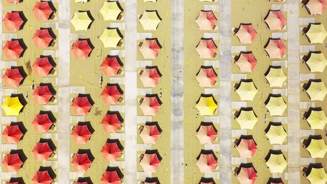 Top down drone perspective shows vibrant beach umbrellas neatly arranged on golden sand, capturing a summery holiday atmosphere.