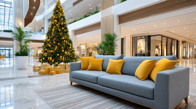 Modern shopping mall interior presenting a luxurious christmas decoration with a grand holiday tree, gift boxes, and comfortable sofa, creating a festive lounge zone