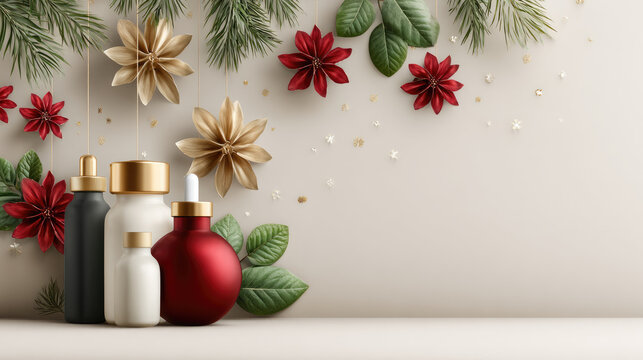 Christmas decorations featuring a red ornament, a face mask ornament, a hand sanitizer bottle, festive flowers, and pine branches, symbolizing holiday health and wellness during winter