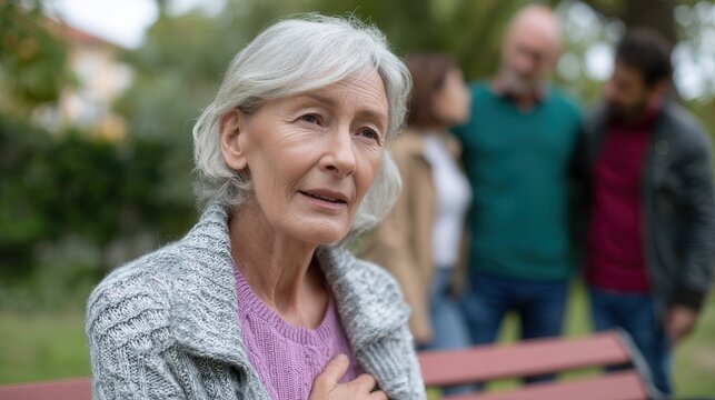 Older woman seated on park bench looking unwell while companion offers comforting support and nearby adults watch with concern in outdoor daytime setting, with elderly, woman, senior, bench detail