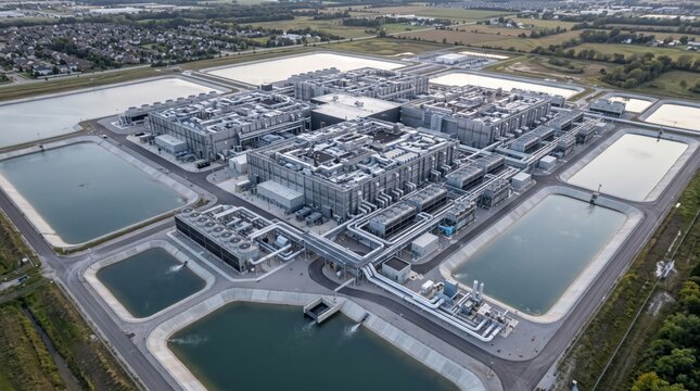 Aerial view modern data center cooling system with ponds and industrial infrastructure