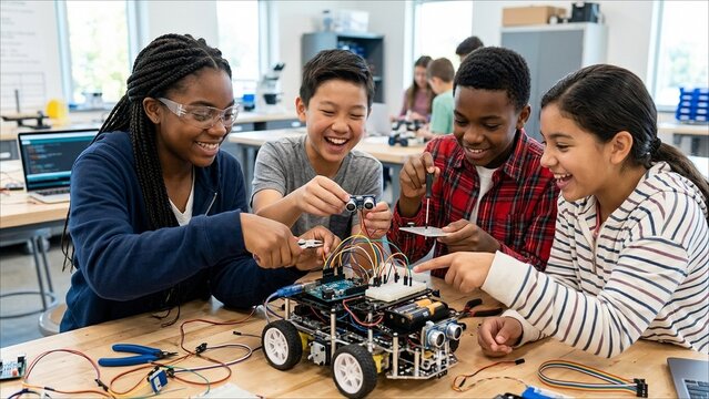 Diverse group of students building a robot in modern science lab
