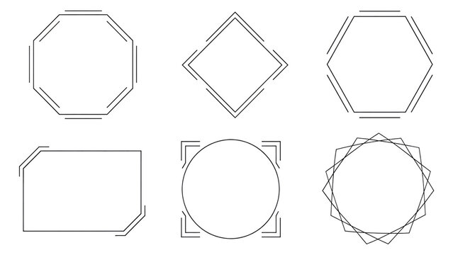 Set of six thin black geometric outline frames including an octagon, rotated square (diamond), hexagon, rounded rectangle, circle with corner brackets, and layered starburst circle