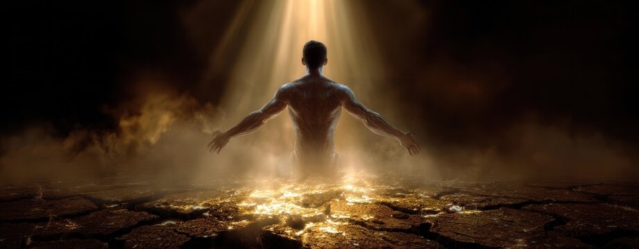 Male figure with arms outstretched standing on cracked dry ground under dramatic shafts of warm light, surrounded by mist, backlit glow, and stark resilience, with male, figure, silhouette, standing