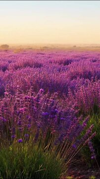 Lavender field blooming in vibrant purple colors under warm golden morning sunrise video footage