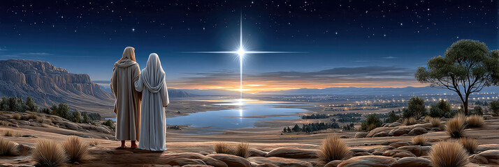 Obraz premium Mary and joseph observing the guiding star of bethlehem glowing brightly over a desert landscape, symbolizing the birth of christ and christian faith