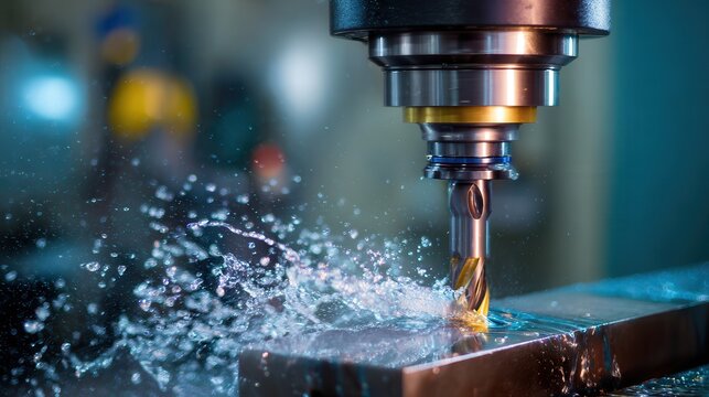Close-up CNC drilling process cutting metal workpiece with coolant spray, sparks, and sharp tool motion inside dim industrial workshop, showing precision manufacturing, machine detail, and active