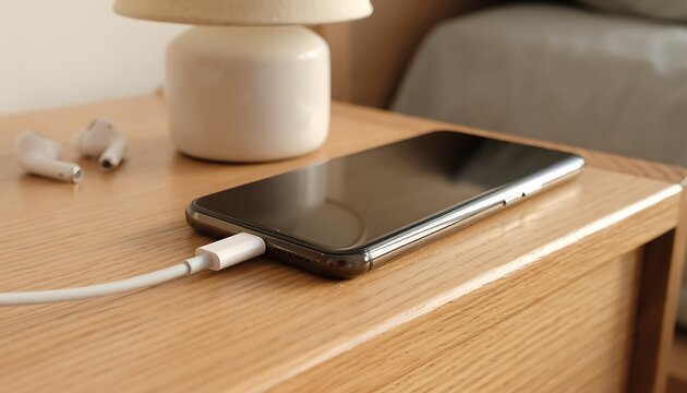 Smartphone charging with earphones on wooden surface