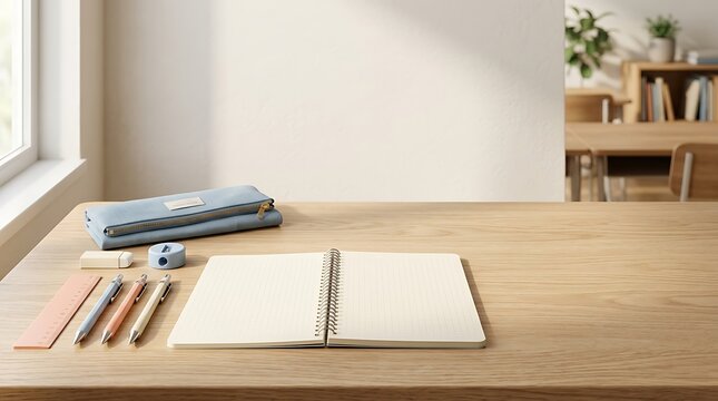 An open spiral notebook on a wooden desk with a pencil case, a ruler, pens, and a sharpener in a bright, minimalist study or office space