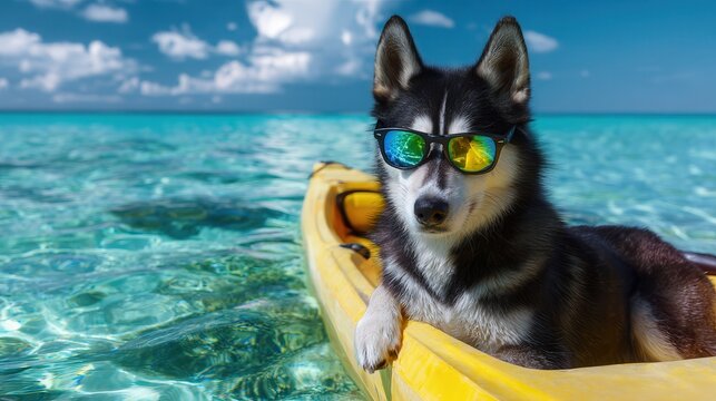 Husky wearing mirrored sunglasses sitting in yellow kayak on clear turquoise water under bright sun, with husky, dog, sunglass, kayak detail, showing yellow, water, turquoise, sunny context