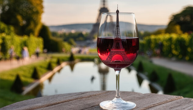 empty wine glass on wooden table in vineyard setting with relaxed, serene mood and vivid colors of brown, green, blue, and yellow, close-up view of glass on table.
