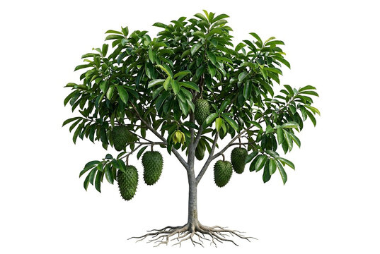 Ultra-realistic mature Soursop Tree (Annona muricata), small tropical evergreen tree with dense irregular crown, large glossy dark-green leaves, slender gray-brown trunk, solitary greenish