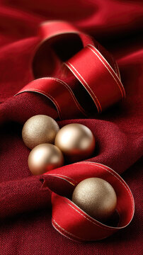 Red satin ribbon with golden trim curling over soft red fabric, adorned with matte gold christmas baubles, creating an elegant festive background with vertical copy space