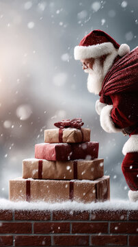 Santa claus carrying a stack of beautifully wrapped christmas gifts, delivering presents on a snowy rooftop, embodying the holiday spirit and tradition