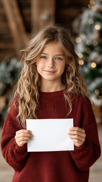 Young girl holding blank white envelope, smiling, standing in front of blurred christmas tree lights, eagerly anticipating holiday season, ready to write wishes
