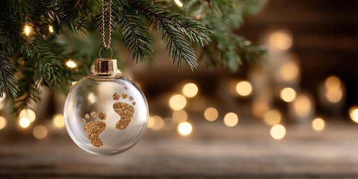 Sparkling glass christmas ornament with golden baby footprints hanging on a decorated fir branch, a sentimental keepsake celebrating a newborn and warm holiday memories