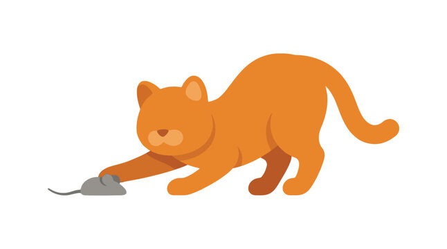 Orange cat stalking a gray mouse flat vector illustration
