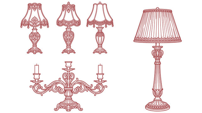 Elegant collection of vintage table lamps and candle holders in classic linear outline.
