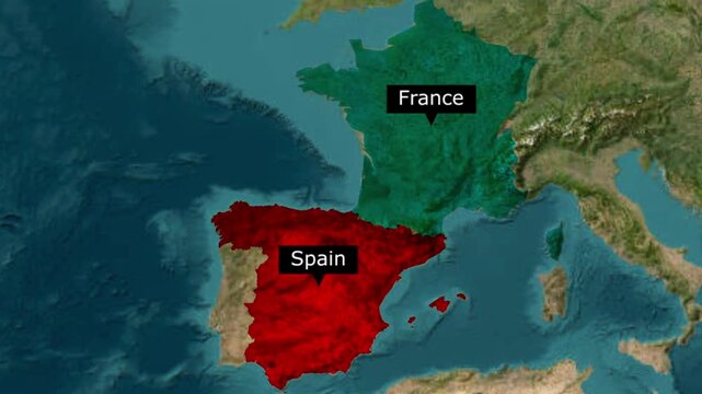 Map of europe highlighting france and spain with geography location countries