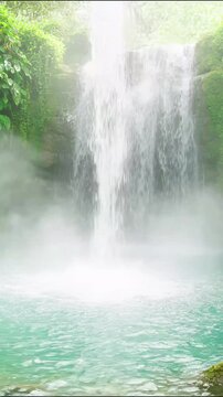 Waterfall flowing into clear turquoise lagoon surrounded by lush green tropical jungle foliage video