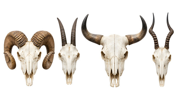 Horned animal skull set, ram bull goat and gazelle skull collection, western bone decor isolated on Transparent Background