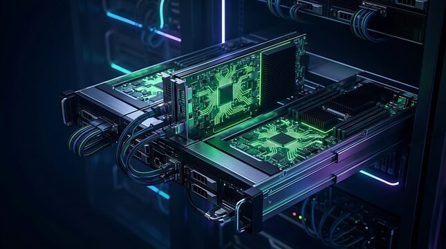 High performance server motherboard with glowing green electronic components and circuits
