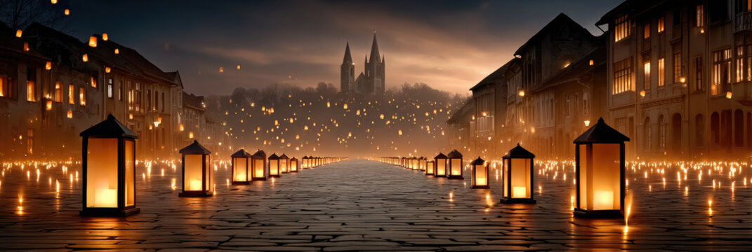 Glowing lanterns illuminating a cobblestone street in an old european town at dusk, celebrating saint martin's day with a festive and peaceful ambiance