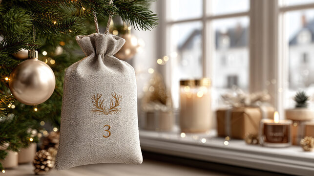 Small beige textile gift bag with the number three, representing an advent calendar item, placed on a table in a cozy christmas setting with a decorated tree and a snowy outdoor view