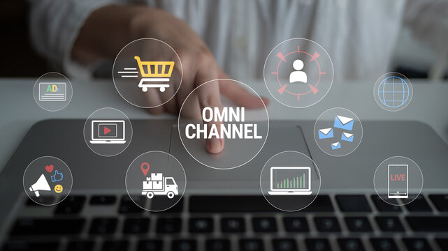 Concept of Omni Channel Marketing Strategy with Icons Representing Different Digital Touchpoints and Consumer Interactions for Business Growth. Glyphic.