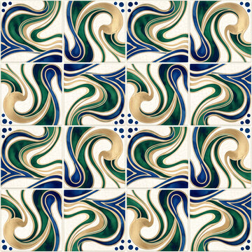 Elegant seamless pattern of ceramic tiles featuring fluid abstract waves in deep blue emerald green and metallic gold with a vintage crackle texture for luxury interior design