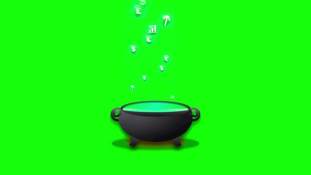 Magical Cauldron with Rising Financial Currency Icons on Green Screen