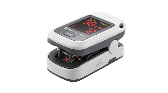 Digital pulse oximeter medical device, portable fingertip blood oxygen saturation monitor, healthcare heart rate testing equipment isolated PNG with Transparent Background