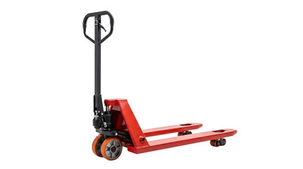 Red industrial pallet jack, manual hydraulic pallet truck, heavy duty warehouse material handling equipment, steel freight logistics lifter isolated PNG with Transparent Background © Moazzam
