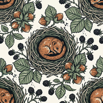 Seamless pattern featuring a cute sleeping dormouse curled inside a cozy nest surrounded by ripe hazelnuts and fresh blackberries in a detailed vintage hand drawn woodcut illustration style
