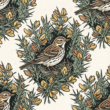 Seamless pattern featuring a detailed meadow pipit bird perched in a gorse bush with yellow flowers in a vintage linocut woodblock print style for nature inspired textile design
