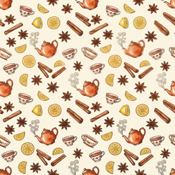 Seamless pattern featuring hand drawn watercolor illustrations of steaming teapots cups of tea cinnamon sticks star anise and fresh lemon slices on a soft cream background design