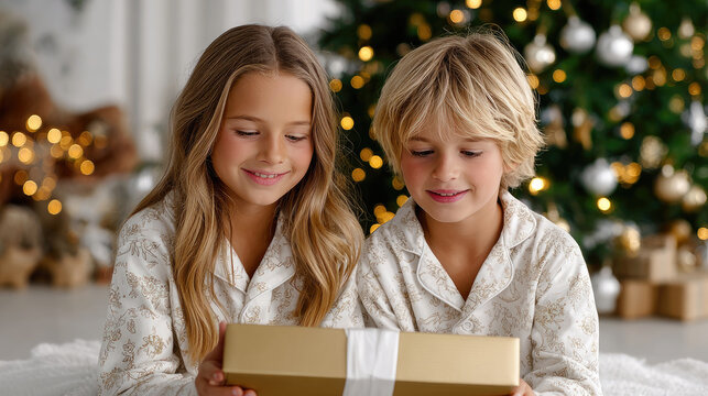 Young boy and girl looking with anticipation at a christmas gift box, celebrating the holiday season with festive joy and family traditions in a warm, decorated living room