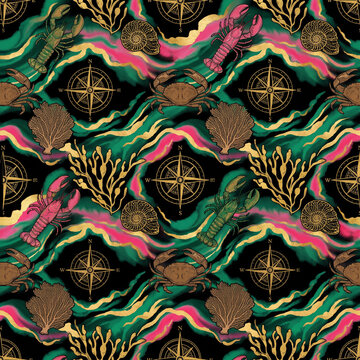 Seamless pattern featuring vintage nautical elements like lobsters crabs compasses and seashells set against a luxurious dark background with flowing gold pink and green watercolor waves