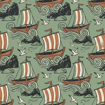 Seamless pattern featuring vintage woodcut style viking ships sailing on stylized ocean waves with rocky islands and seagulls in a retro muted green and orange color palette design