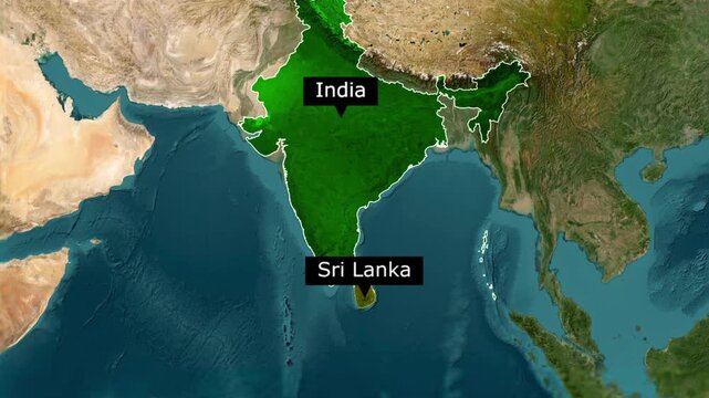 Map view highlighting india and sri lanka across the palk strait with geography satellite location