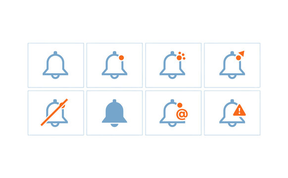 Minimalist notification bell icons with orange accents on white background
